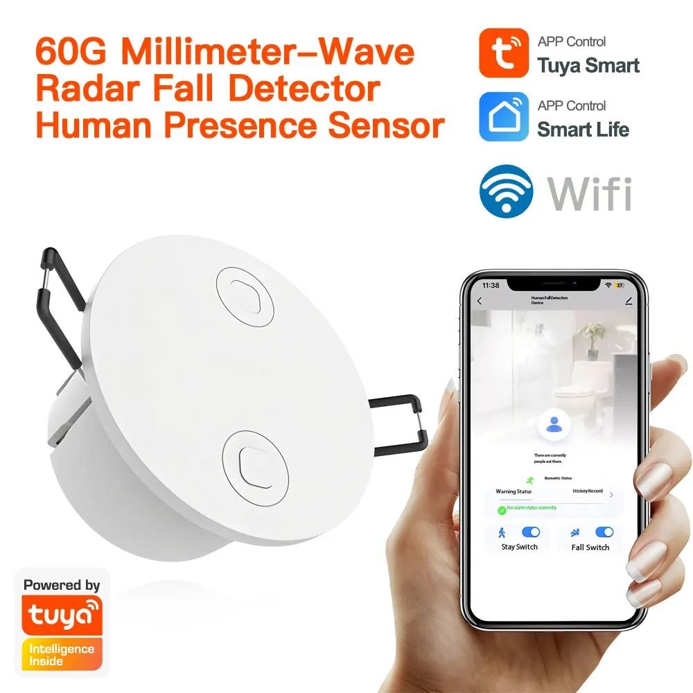 Detector de Quedas e Sensor de Presença Humana de Alta Precisão Tuya Smart (Radar de Ondas Milimétricas de 60 GHz com Monitoramento Remoto via Wi-Fi)