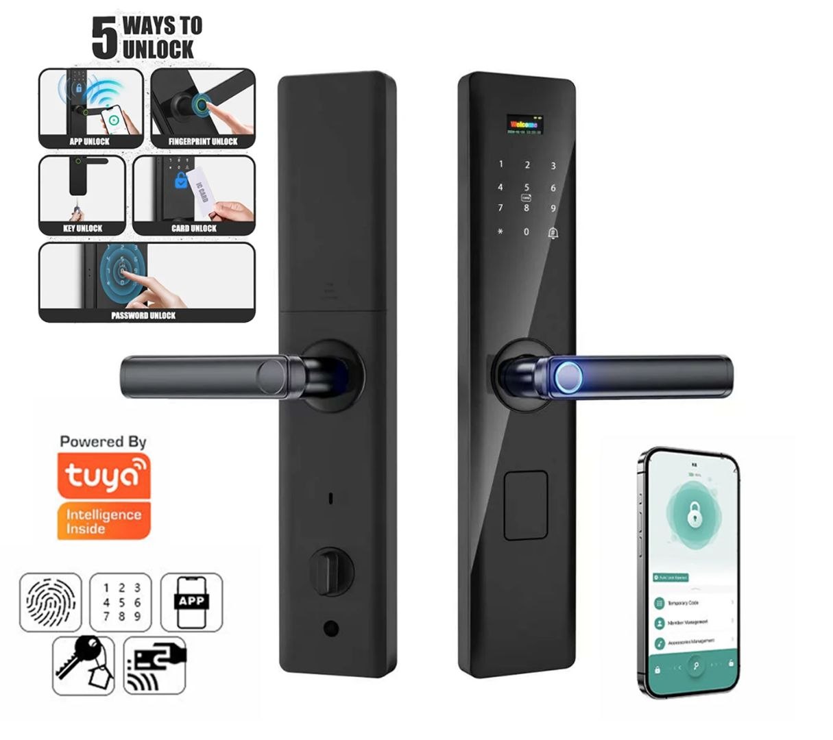 Fechadura de Porta Inteligente Tuya com Controle Remoto por Impressão Digital e Tela