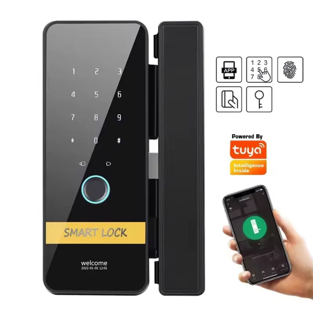 Fechadura inteligente Tuya para portas de vidro com Bluetooth, tela e chave mecânica.