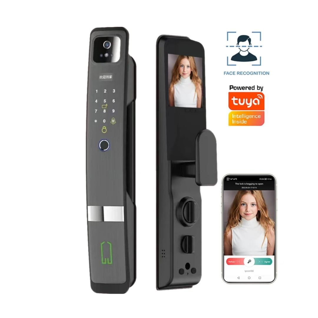 Fechadura de porta Tuya WiFi 3D com reconhecimento facial e impressão digital e câmera olho de gato